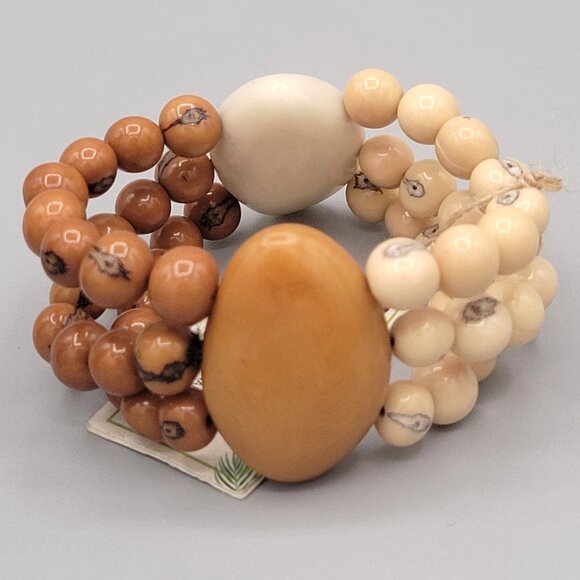 Handcrafted Tagua Nut Multi Strand Artisan Bracelet Natural Cream Orange - Picture 2 of 9